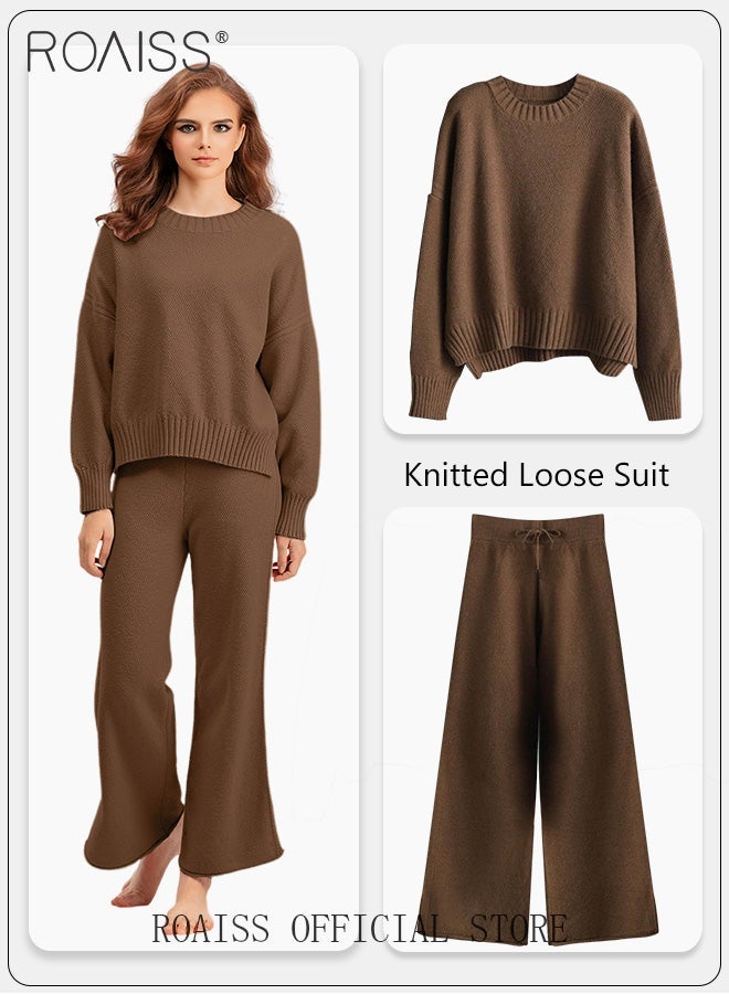 roaiss Women 2 Piece Outfits, Oversized Knitted Suit with Pullover Sweater and Wide Leg Pants, Comfortable Lounge Set for Ladies, Suitable for Daily Wear, Homewear or Any Casual Occasion - Image 1